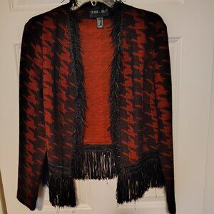 Frank Lyman Designs Red & Black Geometric Throw Sweater Fringe